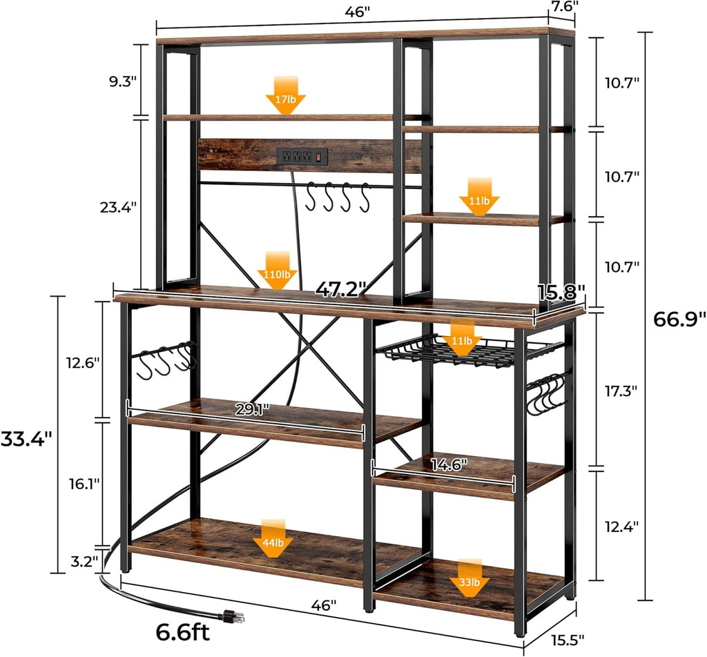 SUPERJARE Larger Bakers Rack with Power Outlets, 6-Tier Microwave Stand, Coffee Bar with 12 S-Shaped Hooks, Kitchen Shelf with Wire Basket, 47.2 x 15.5X 66.9 Inches, Rustic Brown