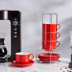 8 Ounce Porcelain Cappuccino Cups with Saucers and Silver Stand, Red Cups Set of 4