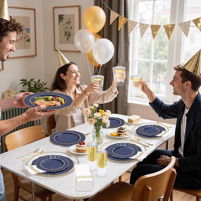 KIRE 210Pcs Navy Blue Plastic Plates - Blue Plates Disposable - 30guest Baroque Plastic Dinnerware for Hanukkah/Upscale Wedding/Parties