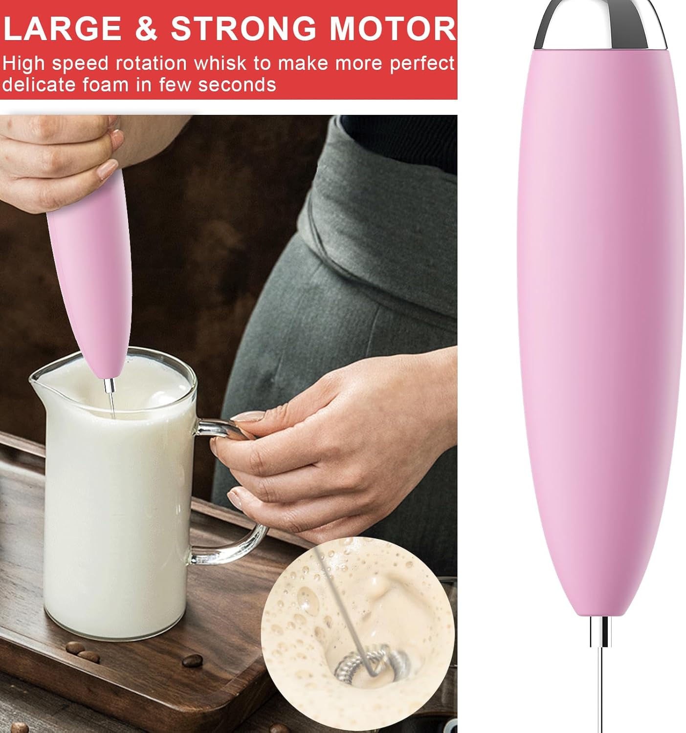 Frother Handheld for Coffee, Milk Frother Upgraded Matcha Whisk Drink Mixer Electric Mini Whisk Hand Mini Foamer Coffee Mixer for Lattes Cappuccino Frappe Matcha Hot Chocolate, Pink