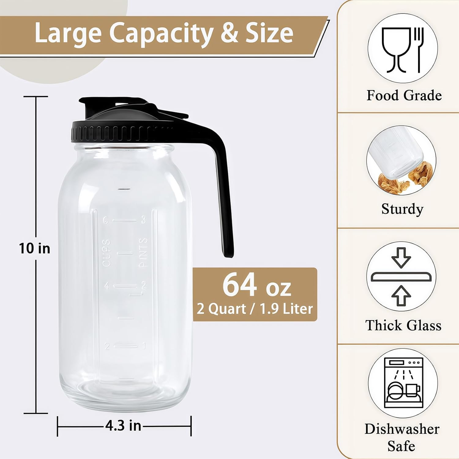 64oz Glass Pitcher Carafes With Handle and Lid, 2 Quart Mason Jar, Large Water Jug, Glass Containers for Fridge, Water Pitcher for Juice, Iced & Sun Tea, Cold Brew Coffee, Homemade Beverage