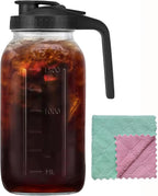 64oz Glass Pitcher Carafes With Handle and Lid, 2 Quart Mason Jar, Large Water Jug, Glass Containers for Fridge, Water Pitcher for Juice, Iced & Sun Tea, Cold Brew Coffee, Homemade Beverage