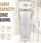 20oz Glass Cups with Lids and Straws, 4 Pack Vintage Ribbed Glass Tumblers for Iced Coffee, Smoothies, Thickened Wall Mason Jar Drinking Iced Coffee Cup