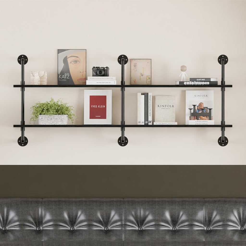 Industrial Pipe Shelf Shelving Bookcase, Wall Mounted Rustic Bookshelf, Floating Bookshelves for Wall,Retro Wood Metal Pipe Industrial Shelves for Living Room