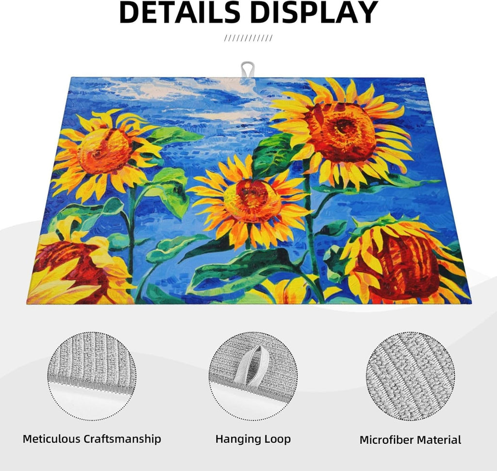 Sunflowers Large Dish Drying Mats For Kitchen Counter, Watercolor Yellow Flower Microfiber Kitchen Drying Mat Draining Pad Absorbent Dish Mat 18"x24" (Sunflowers Under The Blue Sky)