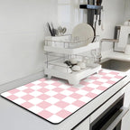 Dish Drying Mat for Kitchen, 15.7'' x 23.6'' Checkered Coffee Bar Mat for Countertops, Coffee Station Mat with Non-slip Rubber Backed, Absorbent Dish Dying Pat for Kitchen Counter, Pink & White