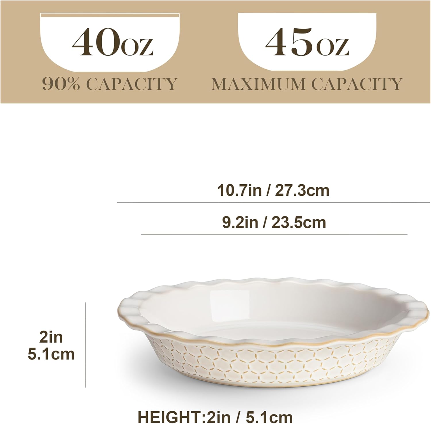 MALACASA Pie Dish for Baking, Stoneware Pie Pan 9 Inch, Embossed Deep Dish Pie Pans, 45 OZ Round Baking Dish Pie Pan, Fluted Dish Pie Plate for Apple Pie, Quiche and Tart, Set of 1, Series LYDIA
