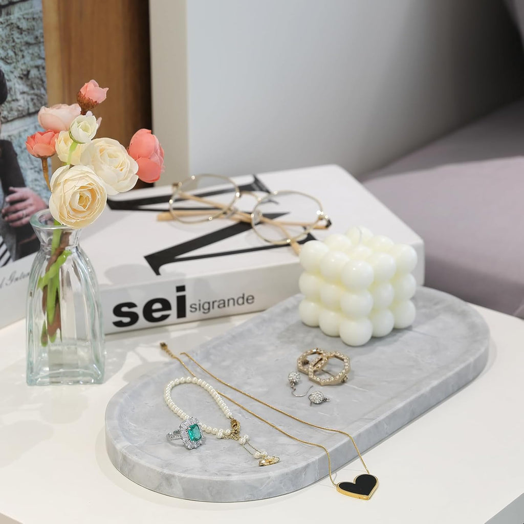 Koville Grey Marble Tray for Bathroom Countertop, 12"x6" Vanity Decorative Marble Tray for Dresser, Stone Catchall Trays for Perfume, Candles, Jewelry, Stone Gray Storage Trays for Home Decor