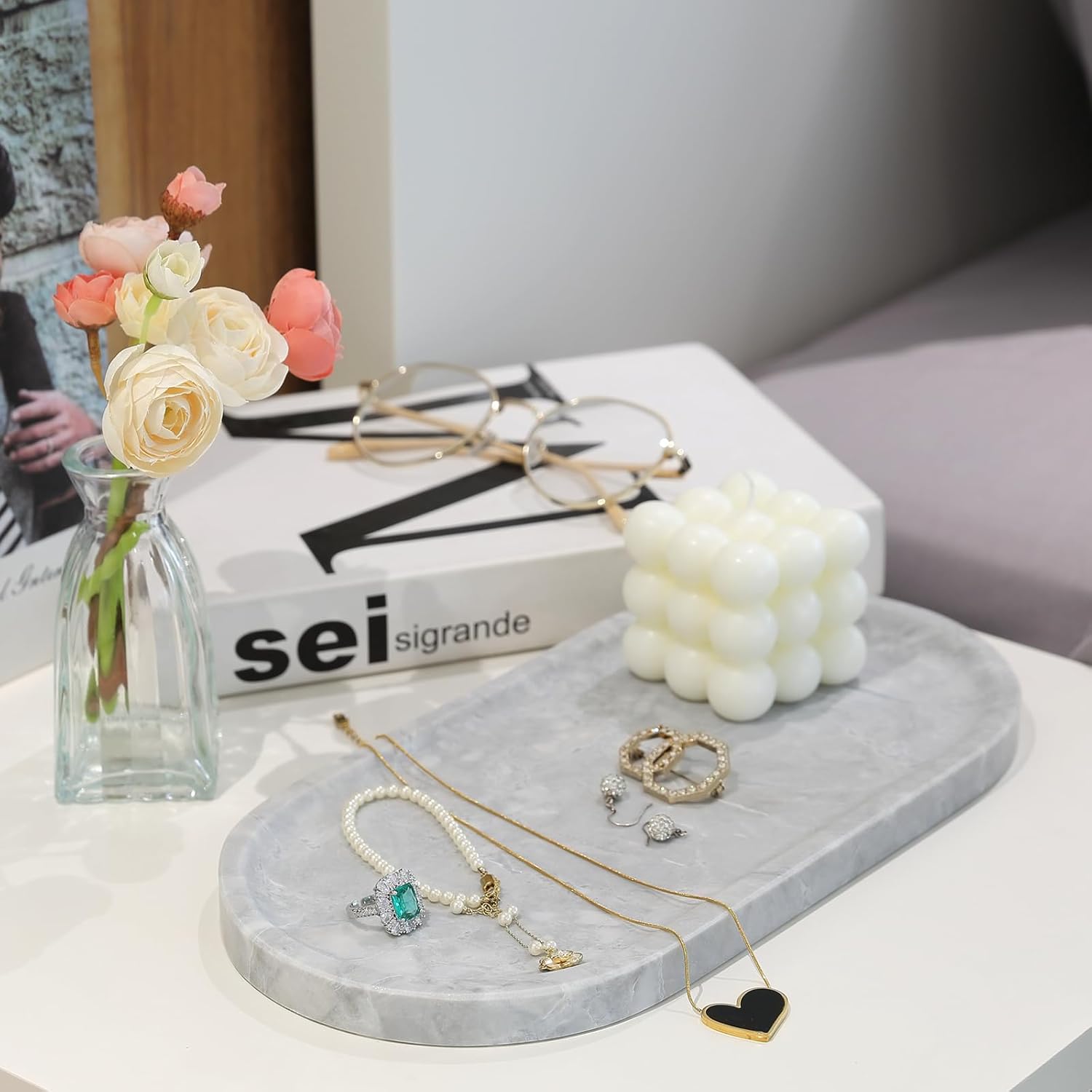 Koville Grey Marble Tray for Bathroom Countertop, 12"x6" Vanity Decorative Marble Tray for Dresser, Stone Catchall Trays for Perfume, Candles, Jewelry, Stone Gray Storage Trays for Home Decor