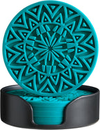 Set of 6 Teal Silicone Coasters with Holder, Drink Coasters with Tribal Pattern Shape- for Table Protection, Anti Slip, Nonstick, Heat Resistant, Deep Tray