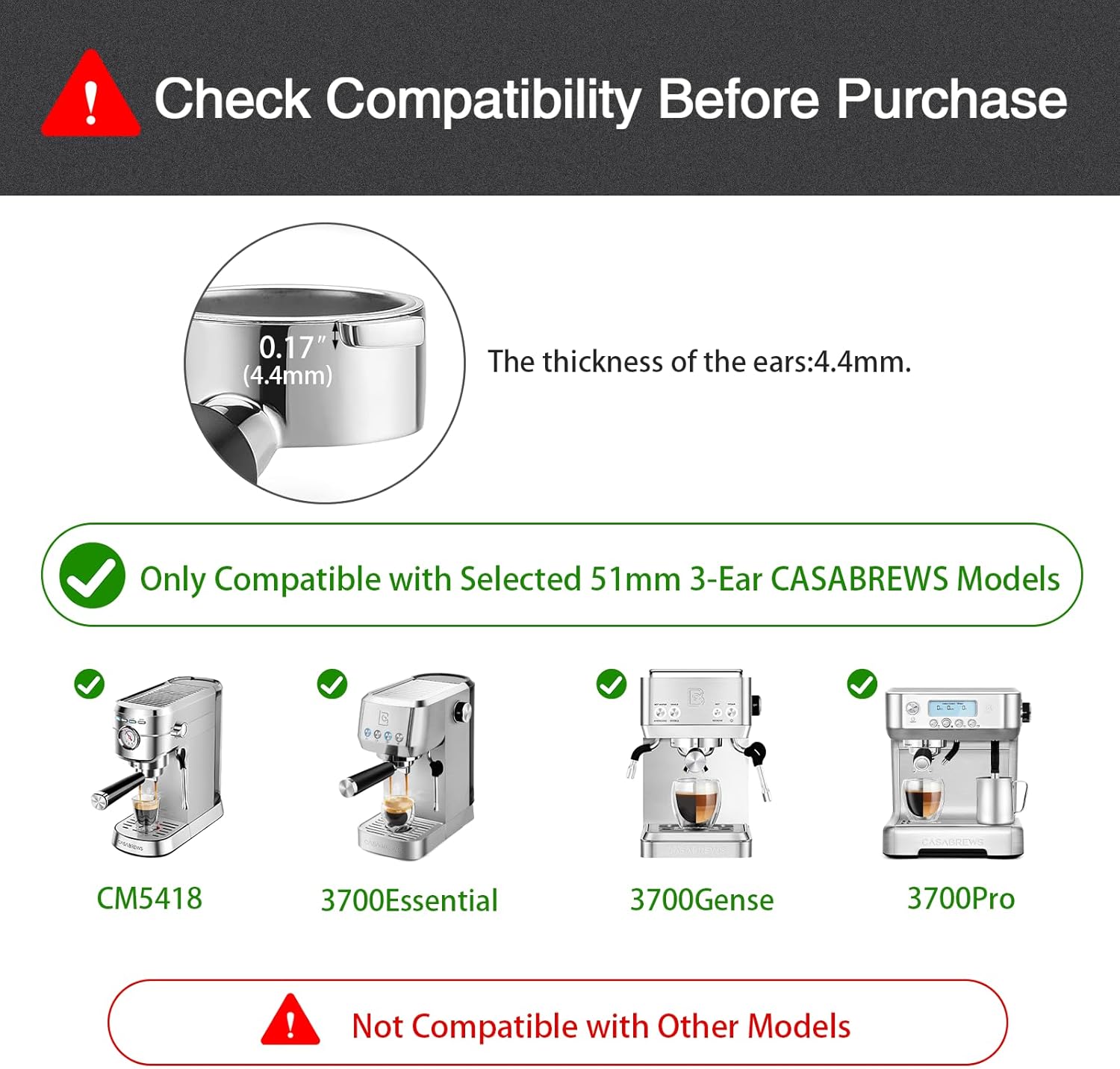 51mm Bottomless Portafilter & Puck Screen, 3-Ear Stainless Head, Compatible with CASABREWS CM5418, 3700Essential, 3700Gense Espresso Machines, Includes 304 Stainless Steel Filter Basket