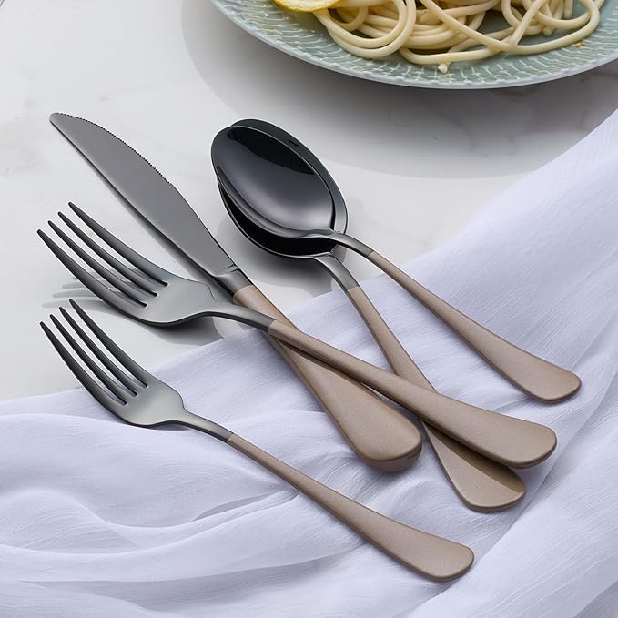 20-Piece Black Silverware Set 18/0 Stainless Steel Flatware Brown Handle Cutlery Set Service for 4 Dinner Knives Forks Spoons Set Mirror Finish Dishwasher Safe