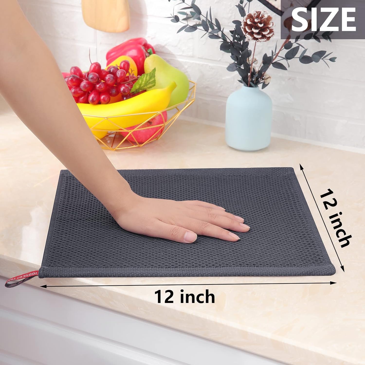 Homaxy 100% Cotton Waffle Weave Kitchen Dish Cloths, Ultra Soft Absorbent Quick Drying Dish Towels, 12 x 12 Inches, 18-Pack, Dark Grey