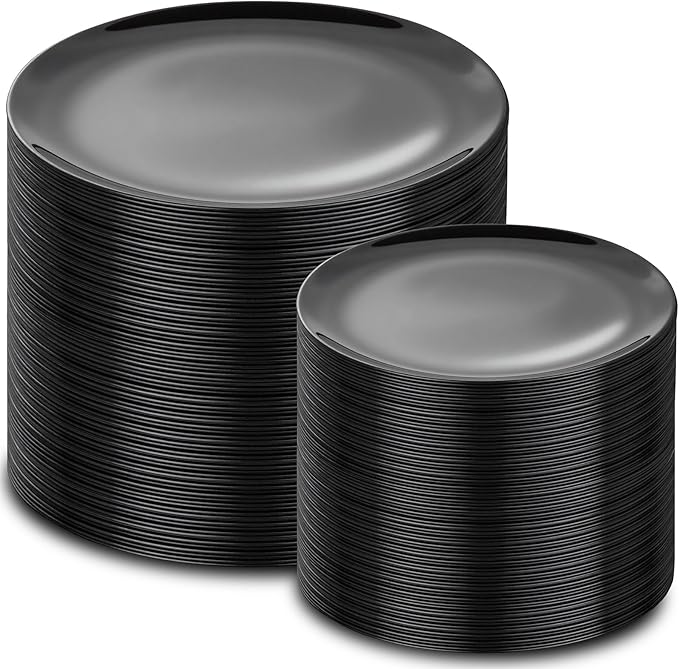 PULOTE 200PCS Black Plastic Plates - Heavy Duty Black Disposable Include 100 Each (10 inch Dinner & 7 inch Dessert) Plates, Disposable for Party, Birthday & New Year