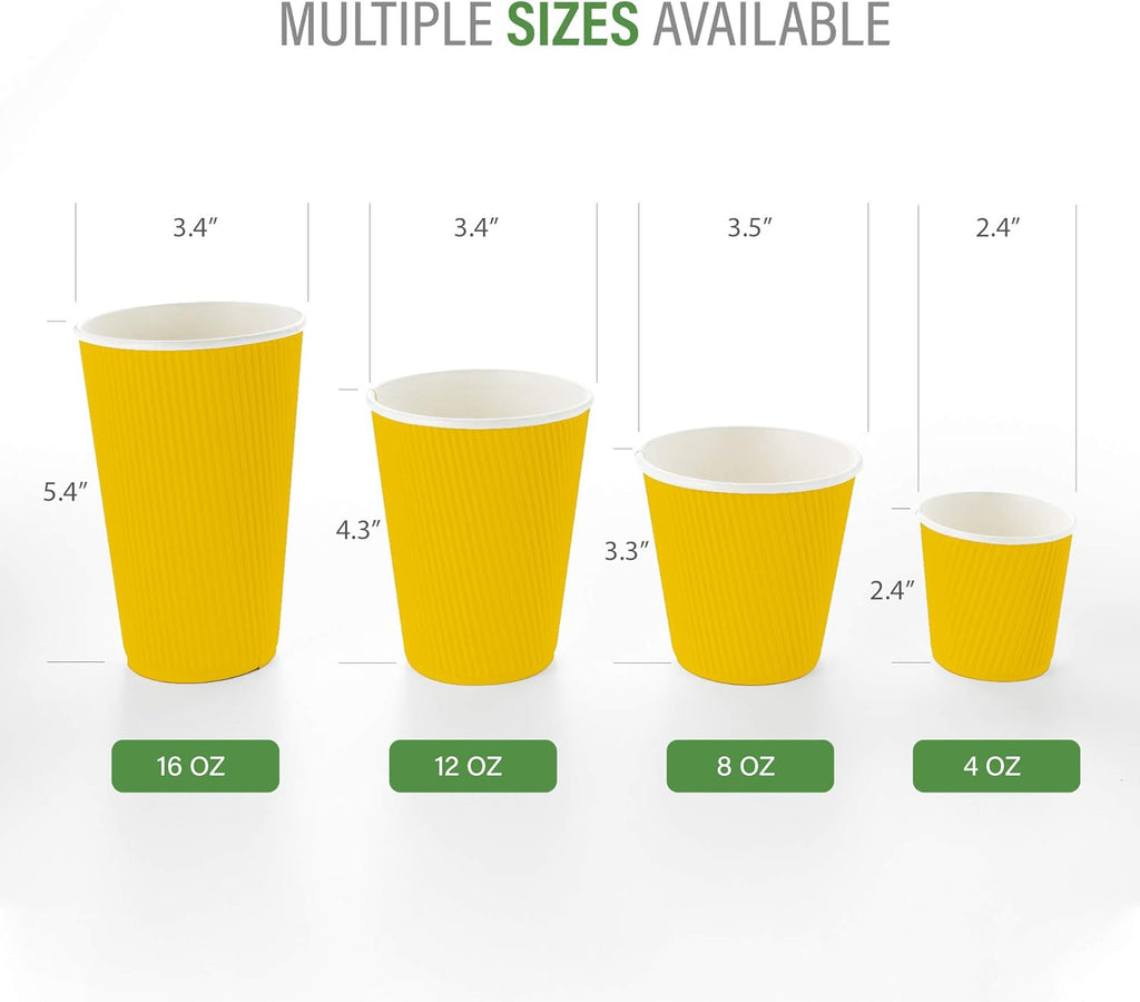 Restaurantware 8 Ounce Double Wall Disposable Coffee Cups, 500 Insulated Yellow Paper Tumblers with Ripple Wall Design, Lids Sold Separately for Hot Drinks like Tea, Hot Chocolate and More