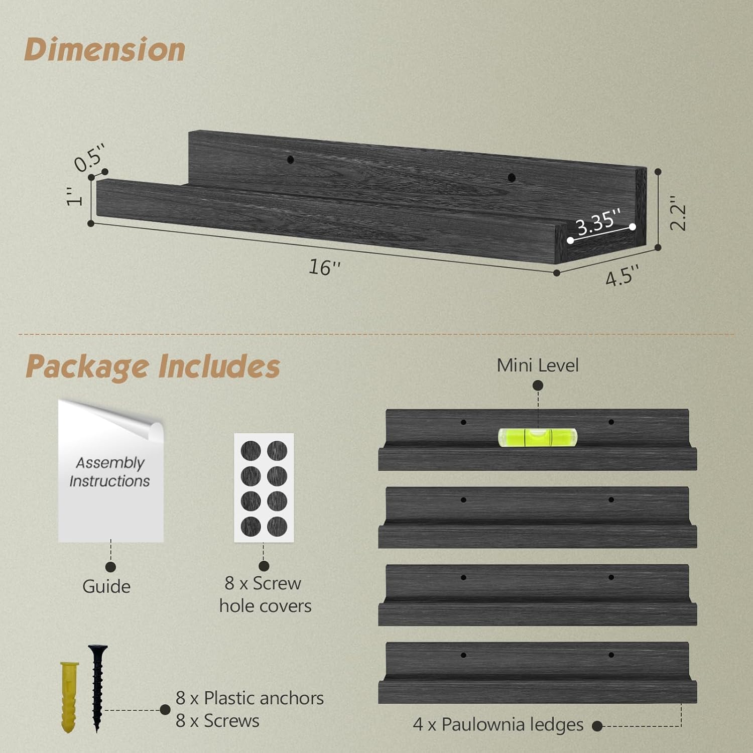 Forbena Black Picture Ledge Shelf, Floating Shelves with Lip for Wall, Small Wall Shelves for Bathroom Bedroom Kitchen Office Living Room Books, Art Pictures, Photo Frame, Plants (4-Pack, Real Wood)