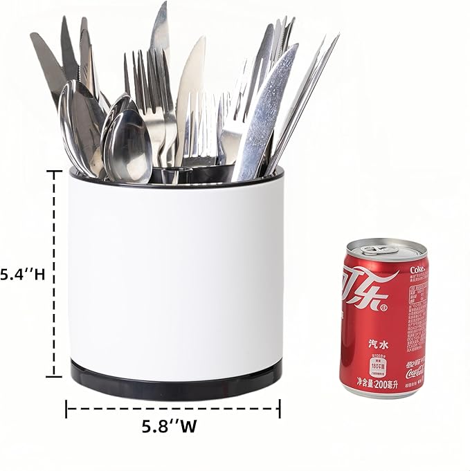 Silverware Organizer Kitchen Utensil Holder 360°Rotating For Counter Organizer Stainless Steel Storage Silverware Caddy 3 Compartment Flatware Spoon Spatula Tool Cutlery Container(White)