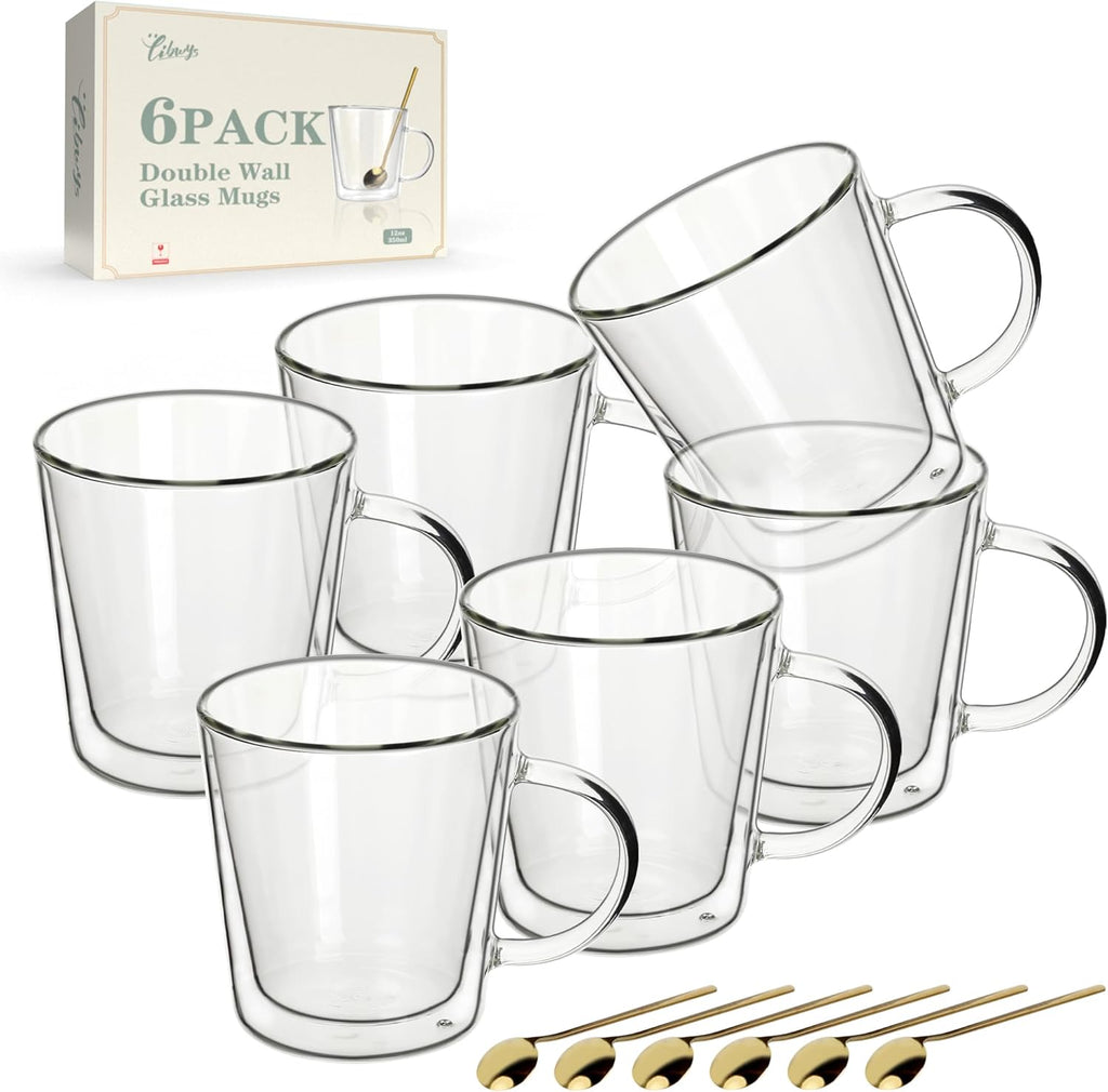 LIBWYS 12oz Double Wall Glass Coffee Mugs, Cappuccino Latte Tea Cups with Handle, Heat Resistant Borosilicate Insulated Clear Glasses (Set of 6)
