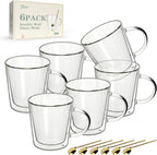 LIBWYS 12oz Double Wall Glass Coffee Mugs, Cappuccino Latte Tea Cups with Handle, Heat Resistant Borosilicate Insulated Clear Glasses (Set of 6)