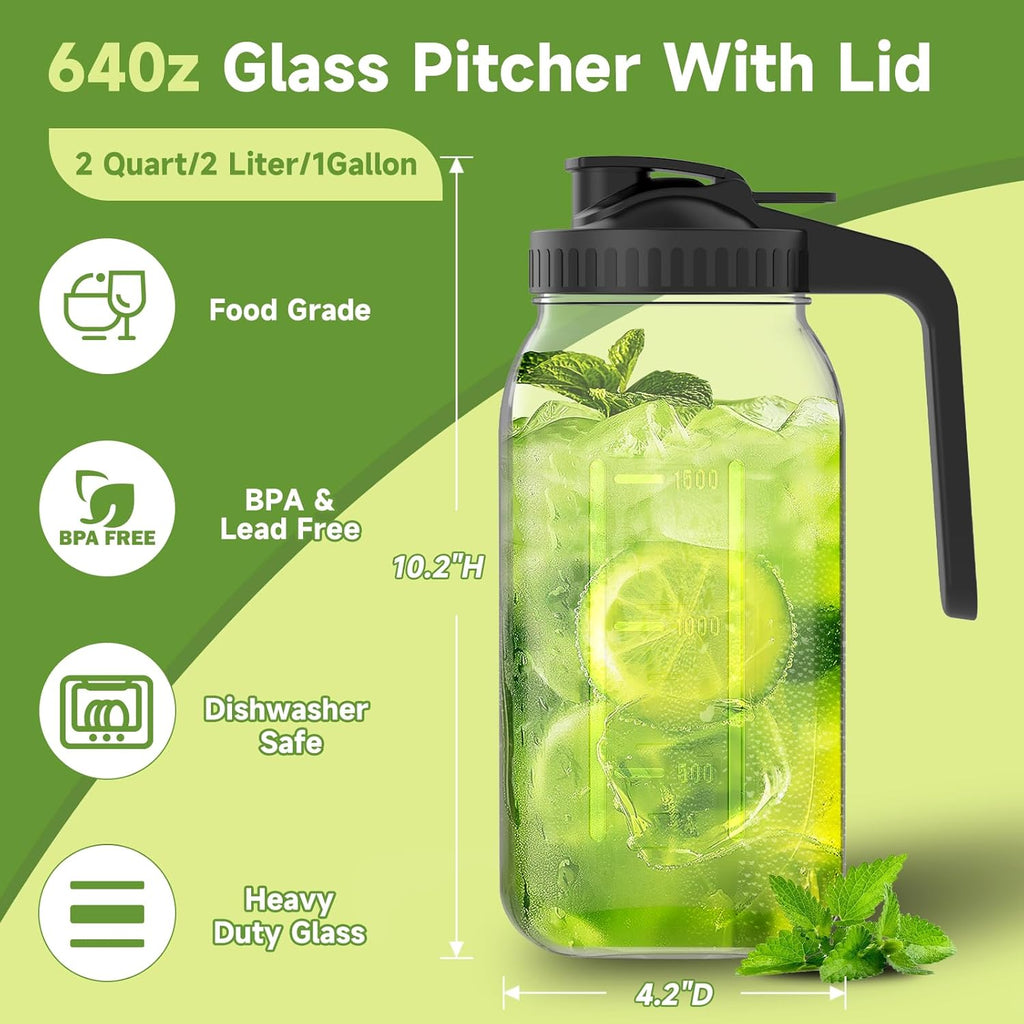 3-Pack 64oz Glass Mason Jar Pitchers with Leak-Proof Lids and Handles – Wide Mouth Design for Sun Tea, Cold Brew, Lemonade, Juice, Iced Tea, and Water