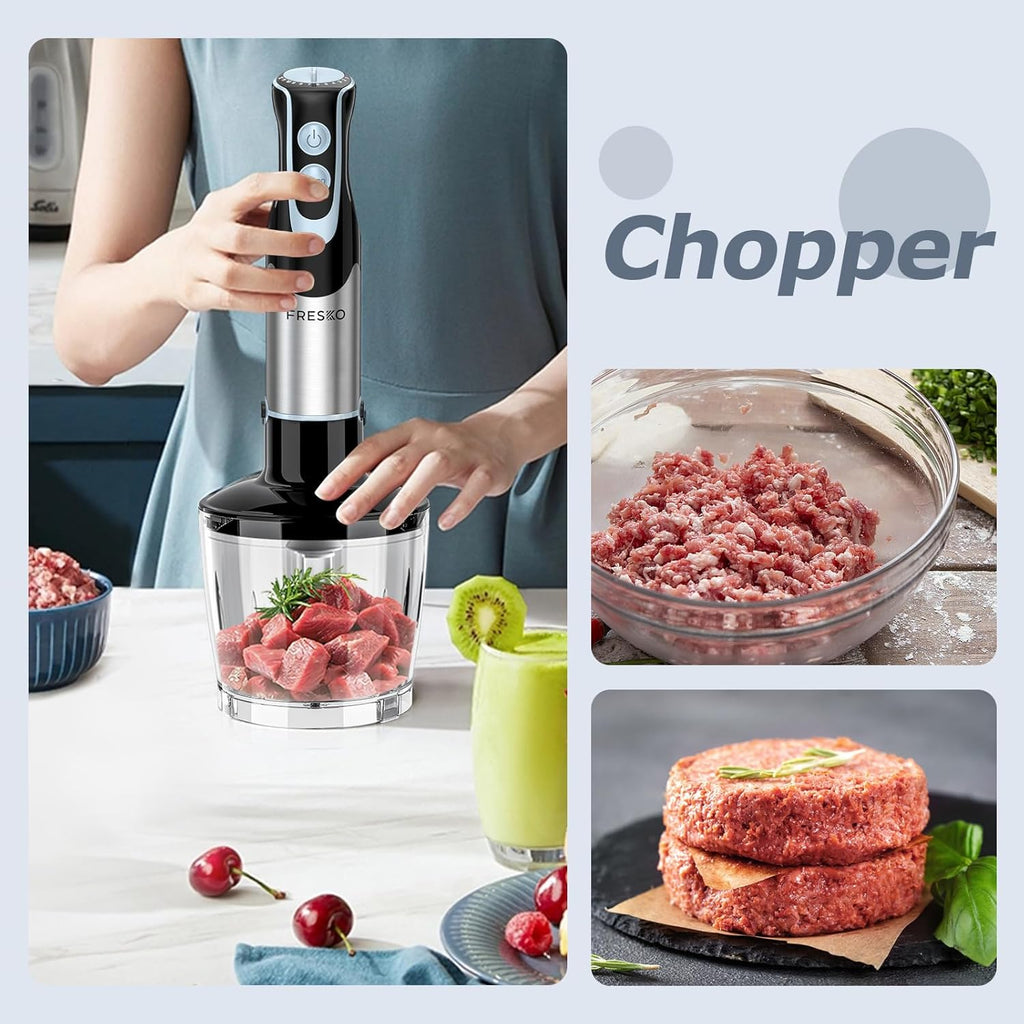 FRESKO Immersion Blender Handheld, 4-in-1 Stainless Steel Hand Electric Stick Mixer with 12-Speeds & Turbo Mode, Powerful 500W Emulsion Blender with Beaker, Chopper & Whisk