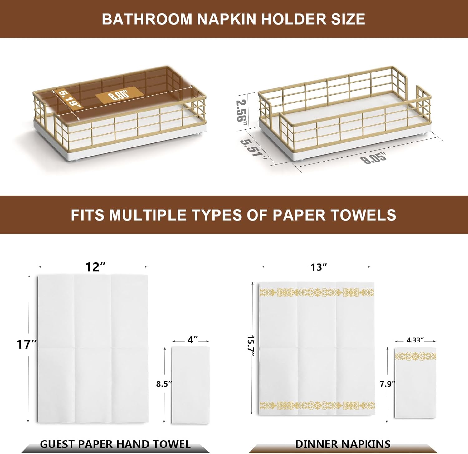 Wican Guest Towel Holder Tray for Bathroom, Oak and Iron Napkins Holder for Powder Room Dinning Table Wooden Basket for Disposable Paper Hand Towels Gold and White