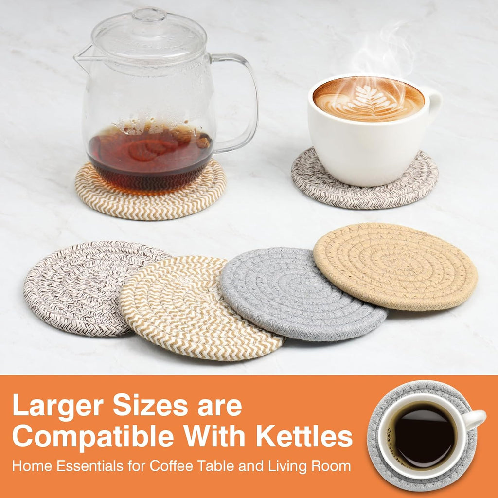 4.8IN Woven Drink Coasters Set of 4, Thick Absorbent Coasters, Boho Cotton Neutral Handmade Coaster, Table OOffice Desk Decor Posavasos for Coffee Cups with Giftbox (Multicolored, 4.8inch)