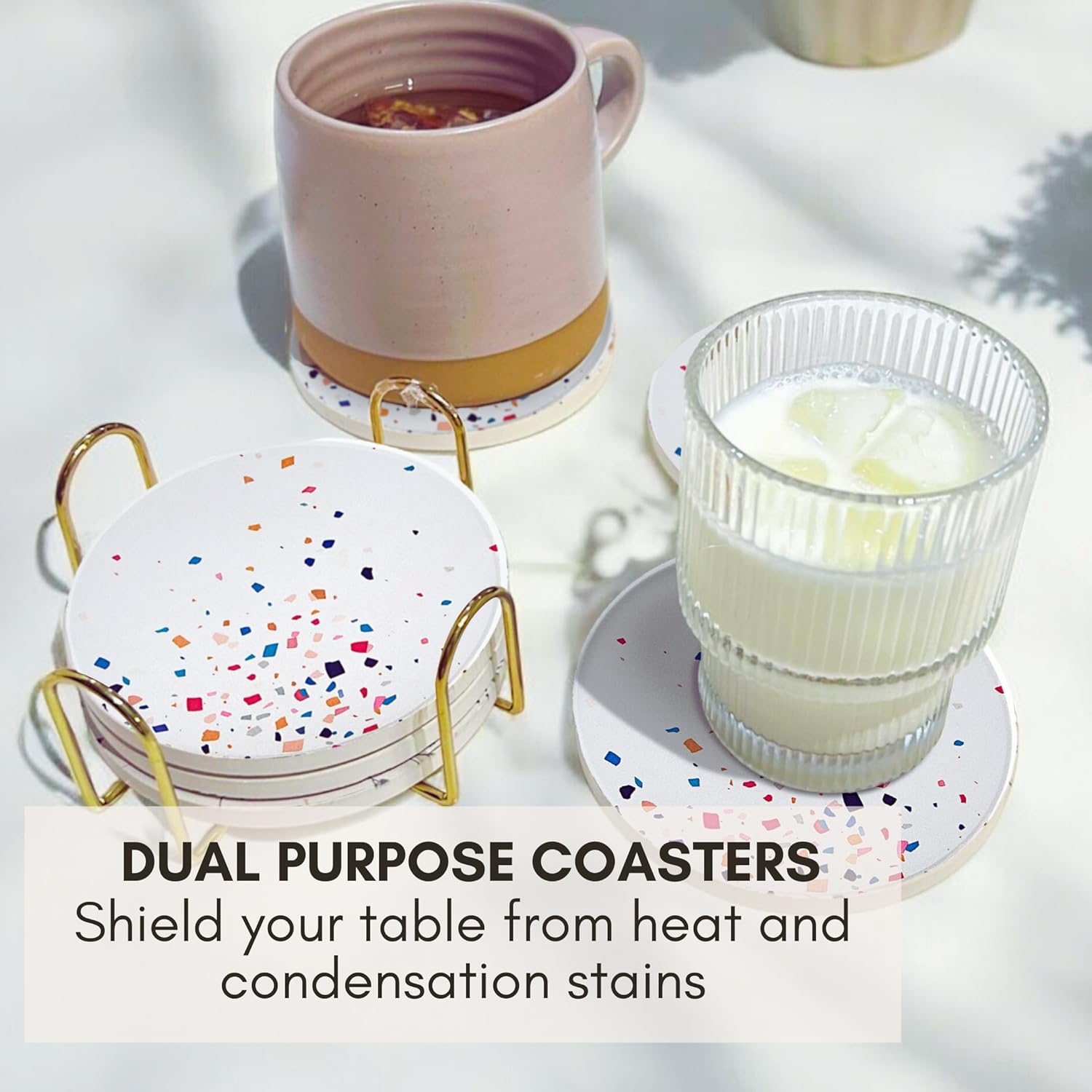 Terrazzo Drink Absorbent Coasters with Holder Set of 6, Ceramic Coaster for Drinks, Coffee Table Decor, Water Absorbing Stone Coaster for Drinks (Color Burst)