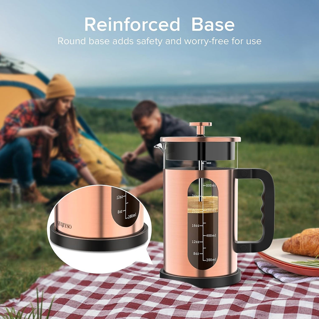 QUQIYSO French Press Coffee Maker, 304 Stainless Steel French Press with 4 Filter, Heat Resistant Borosilicate Glass, Easy to Clean, BPA Free Coffee Press Rust-Free Coffee Maker, 34 ounce, Copper