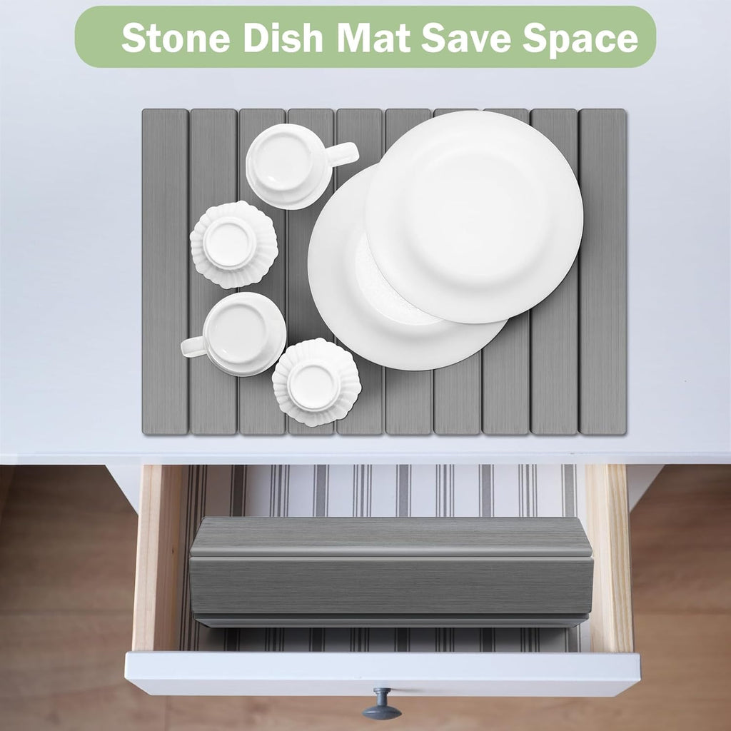 Stone Dish Drying Mat for Kitchen Counter,24"(L)×16"(W) Collapsible Fast-Drying Diatomaceous Earth Mats with Towel Sanding Tool,Versatile Stone Drying Mats for Cups Dishes Bottles
