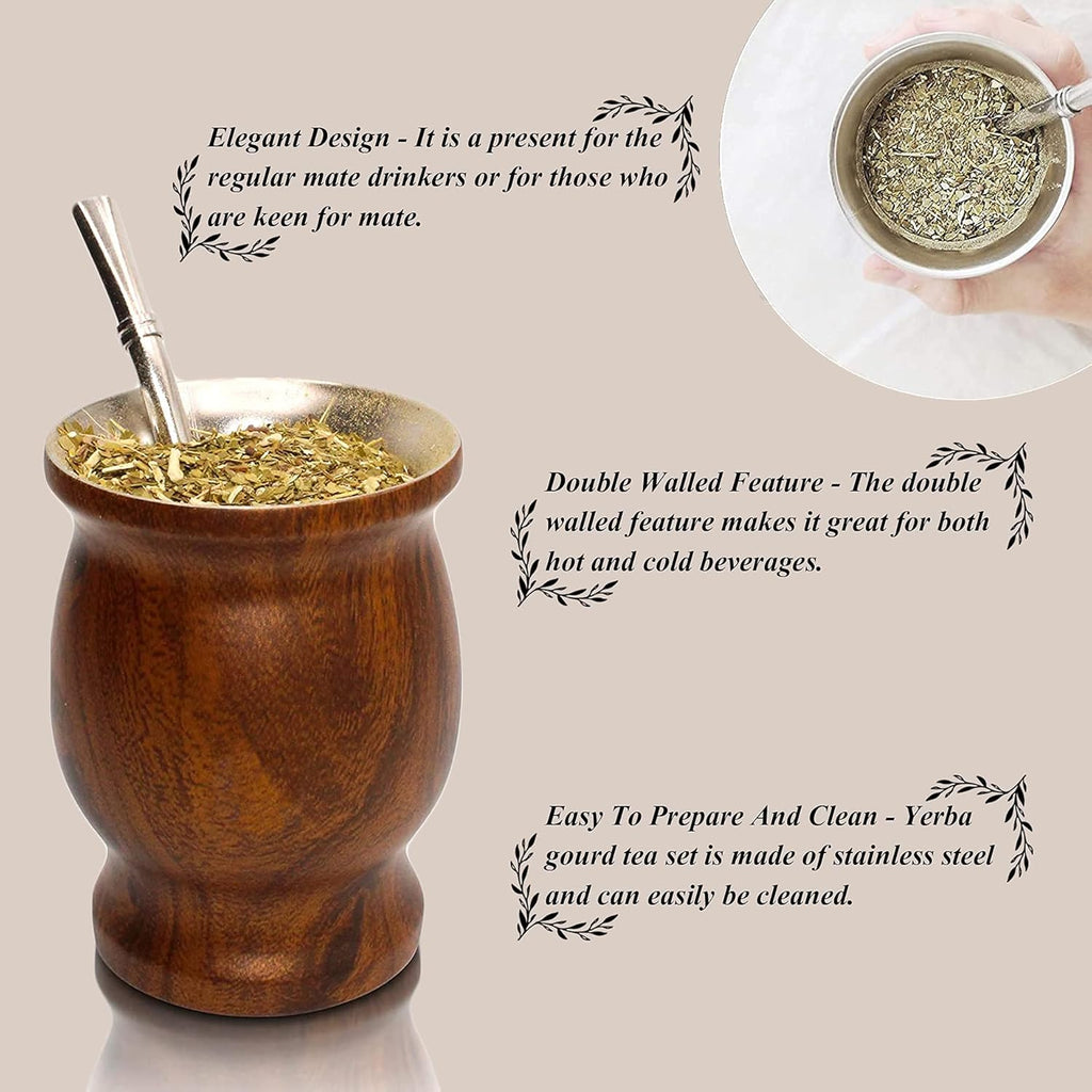 LA FEE Yerba Mate Natural Gourd/Tea Cup Set Brown (Original Traditional Mate Cup - 8 Ounces)，Includes Yerba Mate Straw & Cleaning Brush，Stainless Steel | Double-Walled | Easy to Clean (Brown)
