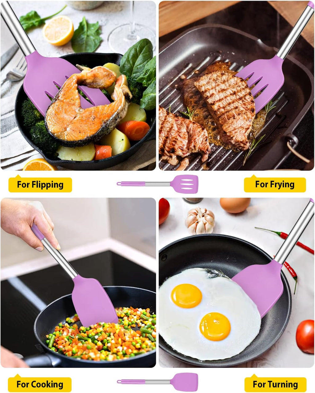 Pack of 2 Silicone Solid Turner, Non Stick Slotted Kitchen Spatulas, High Heat Resistant BPA Free Cooking Utensils, Ideal Cookware for Fish, Eggs, Pancakes(Purple)