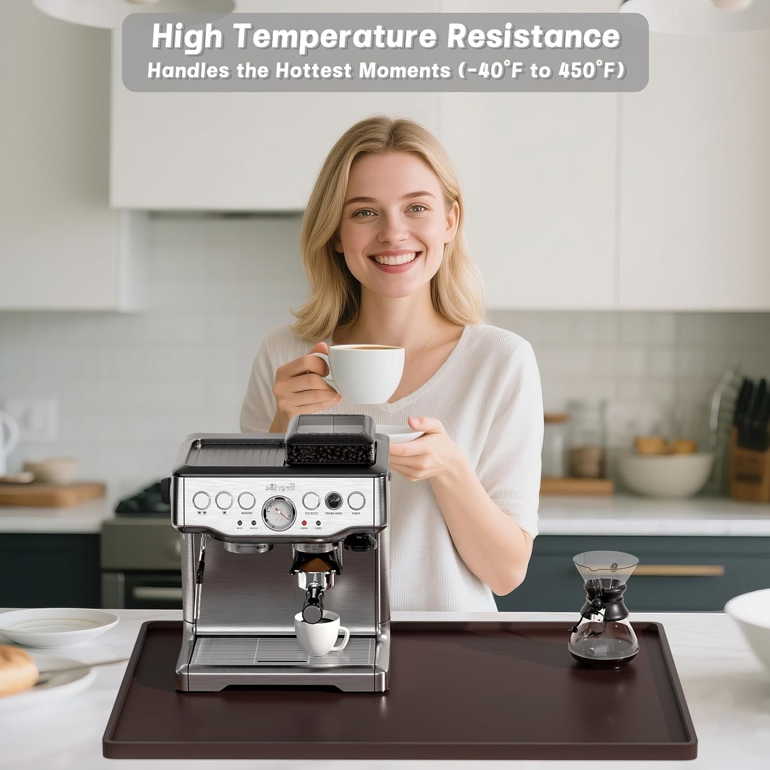 Rnivvi Silicone Coffee Mat, 12" x 19" Waterproof Raised Edge Coffee Bar Mats for Espresso Machine Station Accessories, Heat Resistant Dish Drying Pad for Kitchen Counter, Rubber Bar Decor Pad, Brown