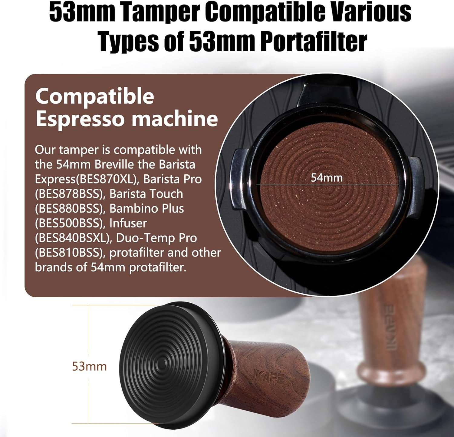 IKAPE 53.3mm Espresso Tamper, Spring-loaded Calibrated Tamper with Walnut Handle, Titanium Ripple Plating Base, Fits for 54 Breville Espresso Machine Bottomless Portafilter