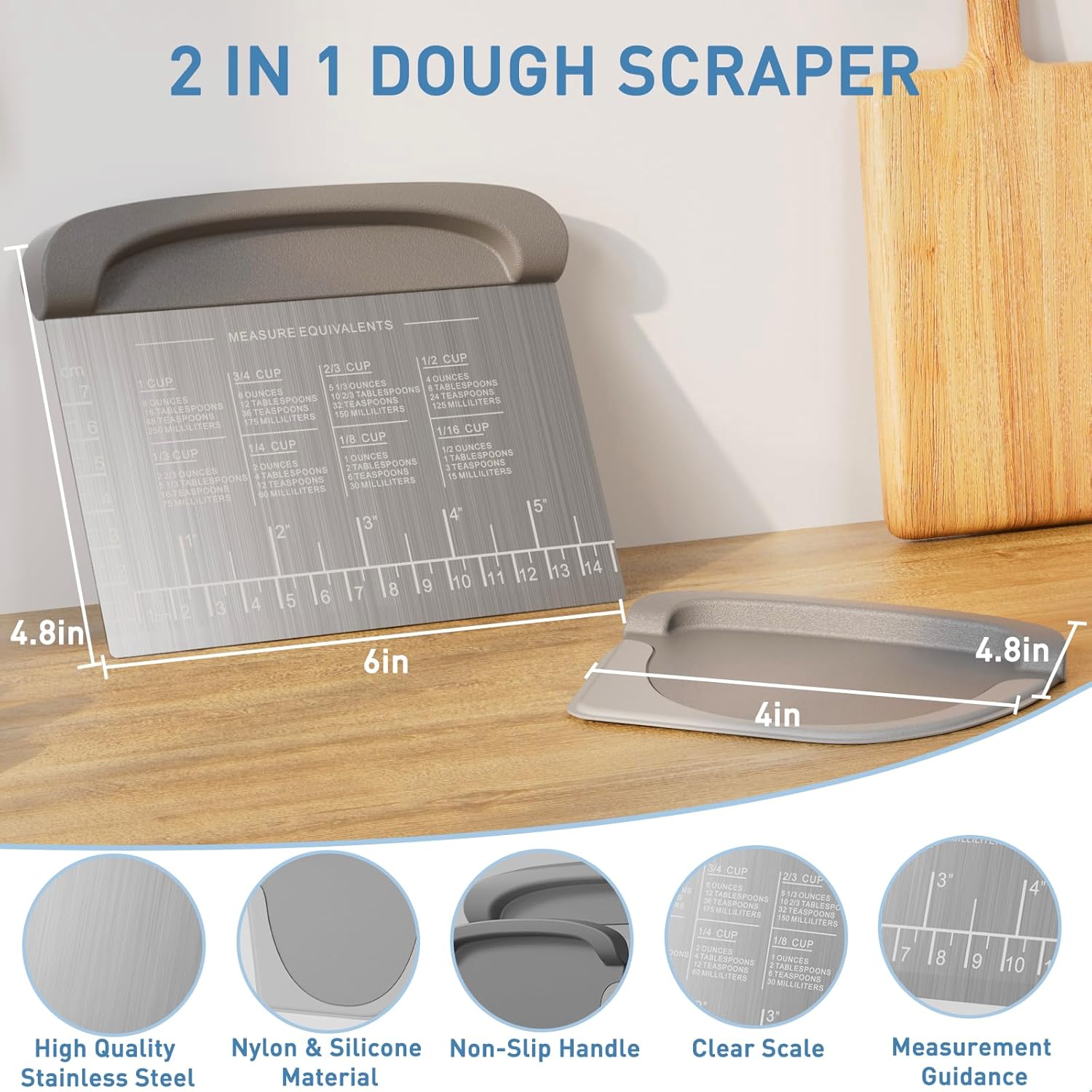 2 IN 1 Upgrade Bench Scraper, Dough Scraper for Pastry Bread Cake Pizza, Stainless Steel Dough Cutter with Conversion Chart & Measuring Scale, Bowl Scraper Food Scraper for Kitchen Baking, Gray