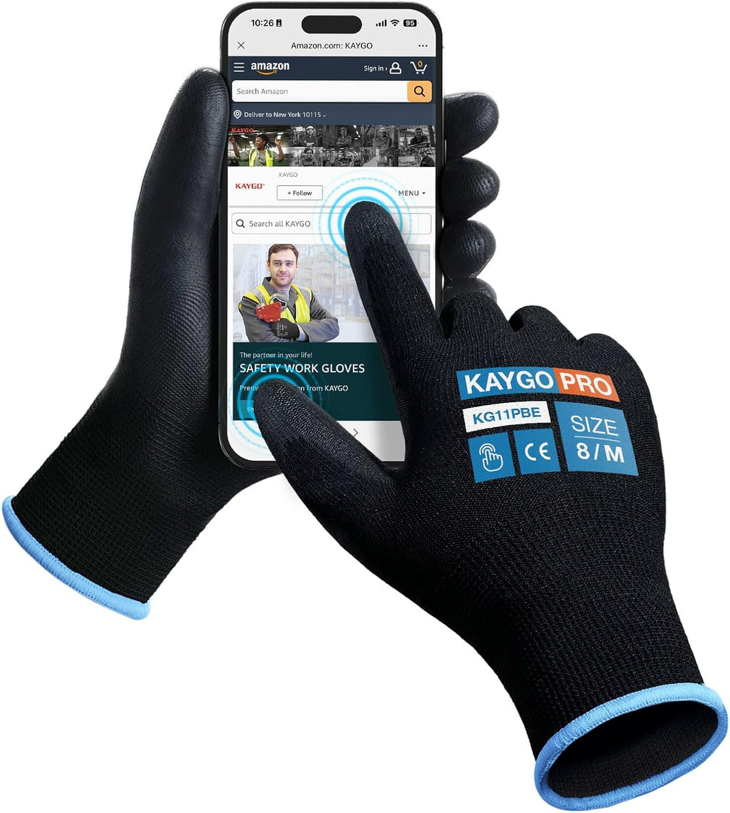 KAYGO Safety Work Gloves PU Coated for Men and Women, 60 Pairs KG11PB, Seamless Knit Glove with Two Fingers Touchscreen, breathable and lightweight Ideal for General Duty Work (Medium,Black)