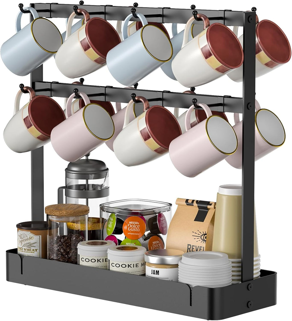 RCHYFEED Countertop Coffee Cup Holder, Aluminum Alloy Mug Holder Organizer with 16 Movable Hooks, 2 Tier Mug Tree Stand Rack with Storage Basket for K Cup Coffee Bar Kitchen