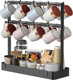 RCHYFEED Countertop Coffee Cup Holder, Aluminum Alloy Mug Holder Organizer with 16 Movable Hooks, 2 Tier Mug Tree Stand Rack with Storage Basket for K Cup Coffee Bar Kitchen