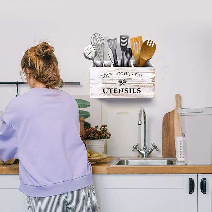 Wood Kitchen Utensil Caddy with 3 Compartments, Rustic Farmhouse Style, Ideal for Storage and Organization, White