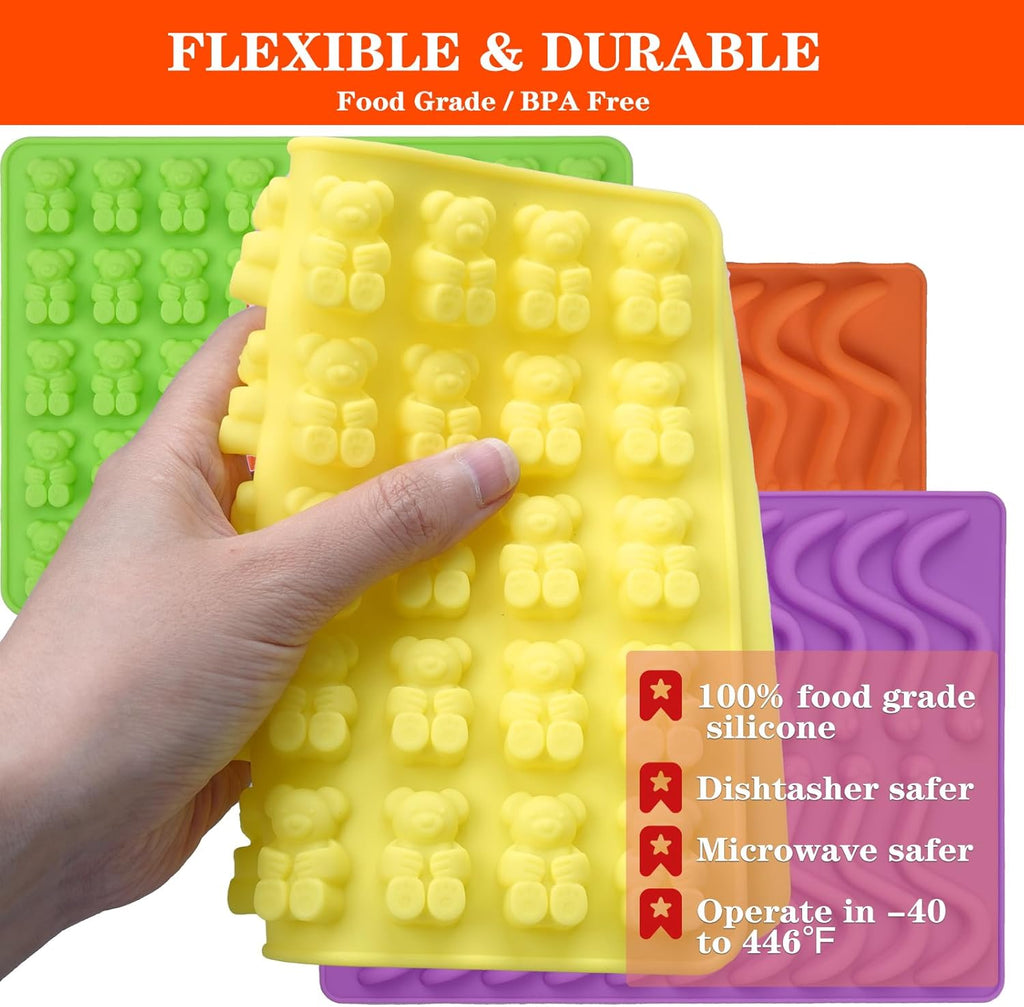 Gummy Bear and Worm Mold Silicone, No Stick Chocolate Candy Gummy Molds,Pack of 4 with 2 Droppers,SAGOOITS Large Gummy Bear Molds Candy Molds
