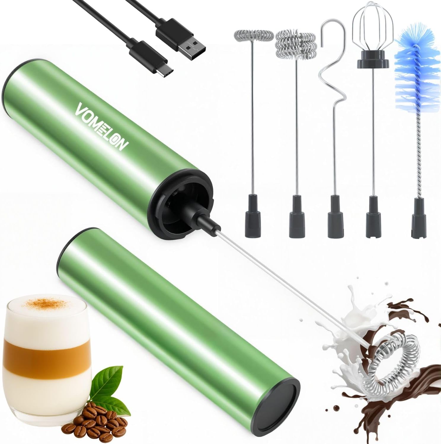 Rechargeable Milk Frother Handheld Electric Frother Wand Milk Foamer Drink Mixer for Coffee, Lattes, Cappuccino, and Egg, Stainless Steel for Travel-Green
