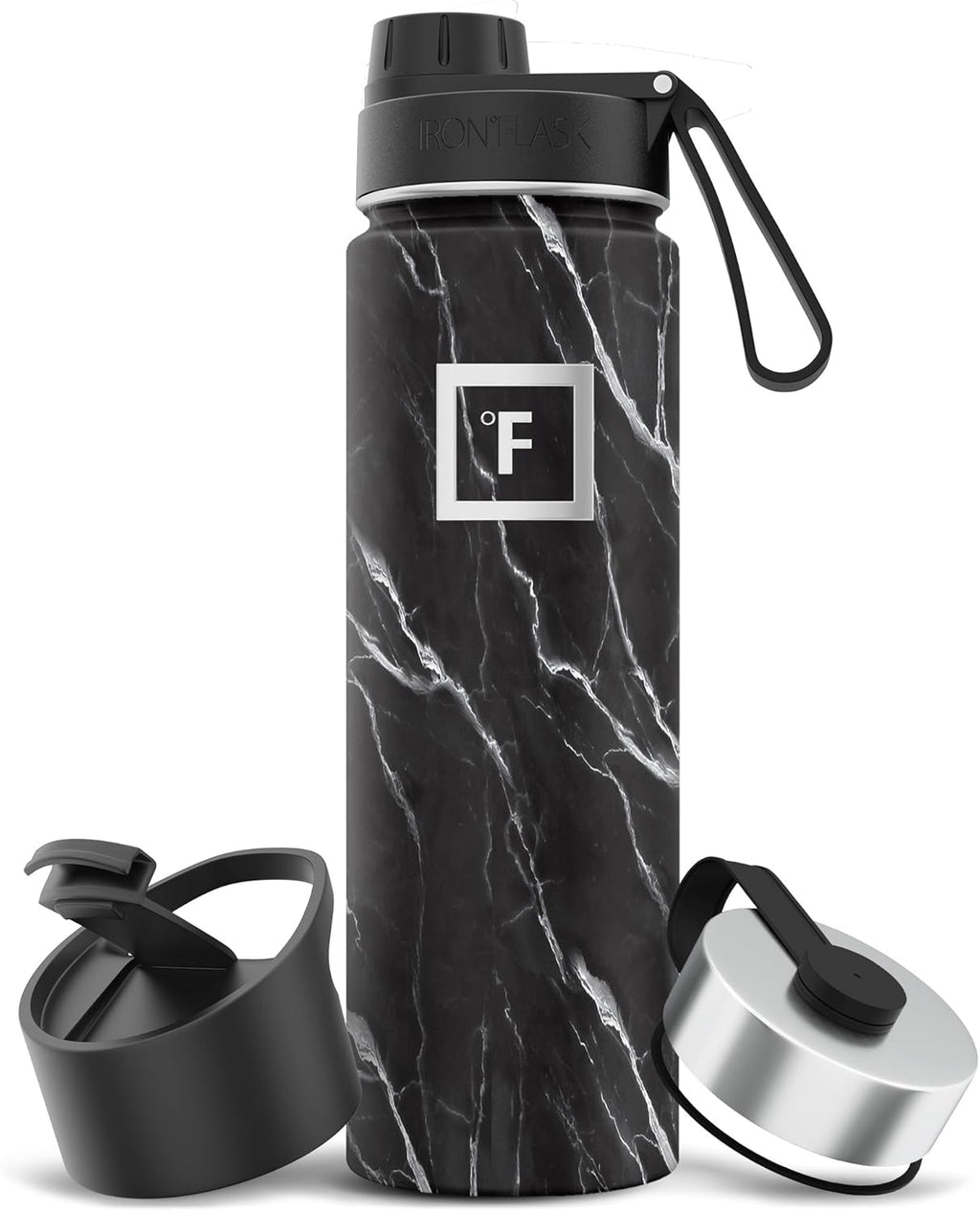 IRON °FLASK Camping & Hiking Hydration Flask with 3 Lids - Stainless Steel, Double Walled & Vacuum Insulated Water Bottle - Leak Proof & BPA Free (Black Marquina, Spout - 22 oz)