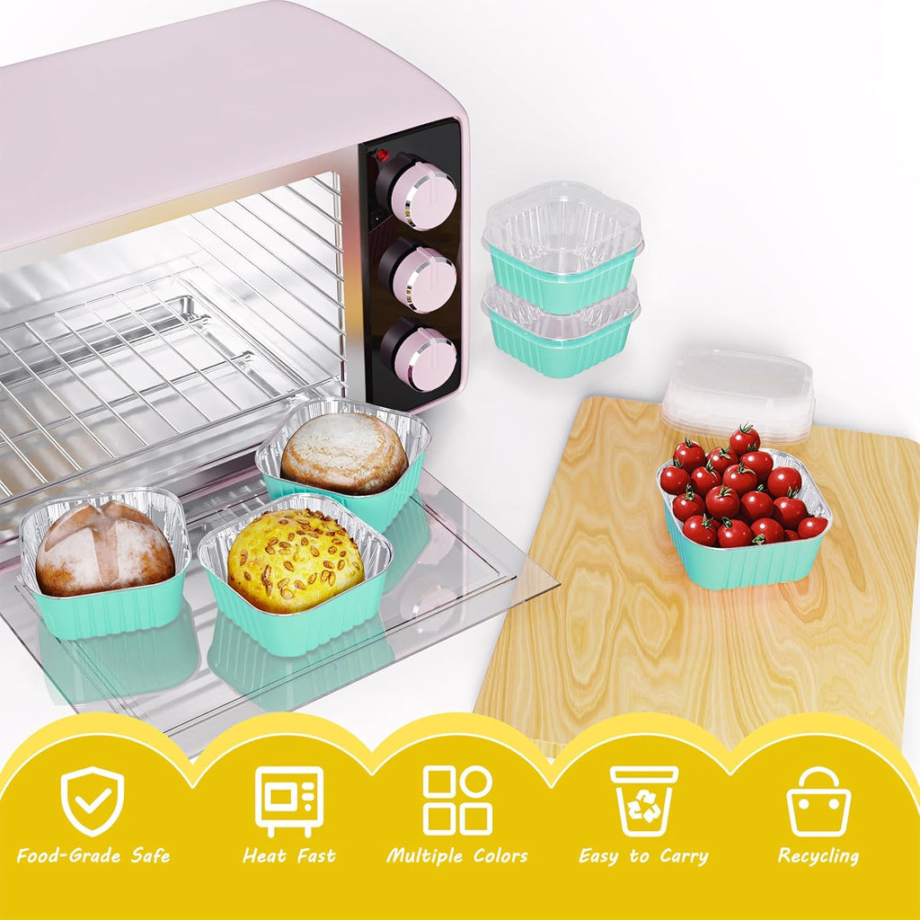 25 Pack Square Mini Cake Pans with Lids,Mini Loaf Pans with Lids,Aluminum Foil Baking Cups,Disposable Ramekins Cupcake Cups,Dessert Cups for Wedding Birthday Party Picnics,5oz (Blue)