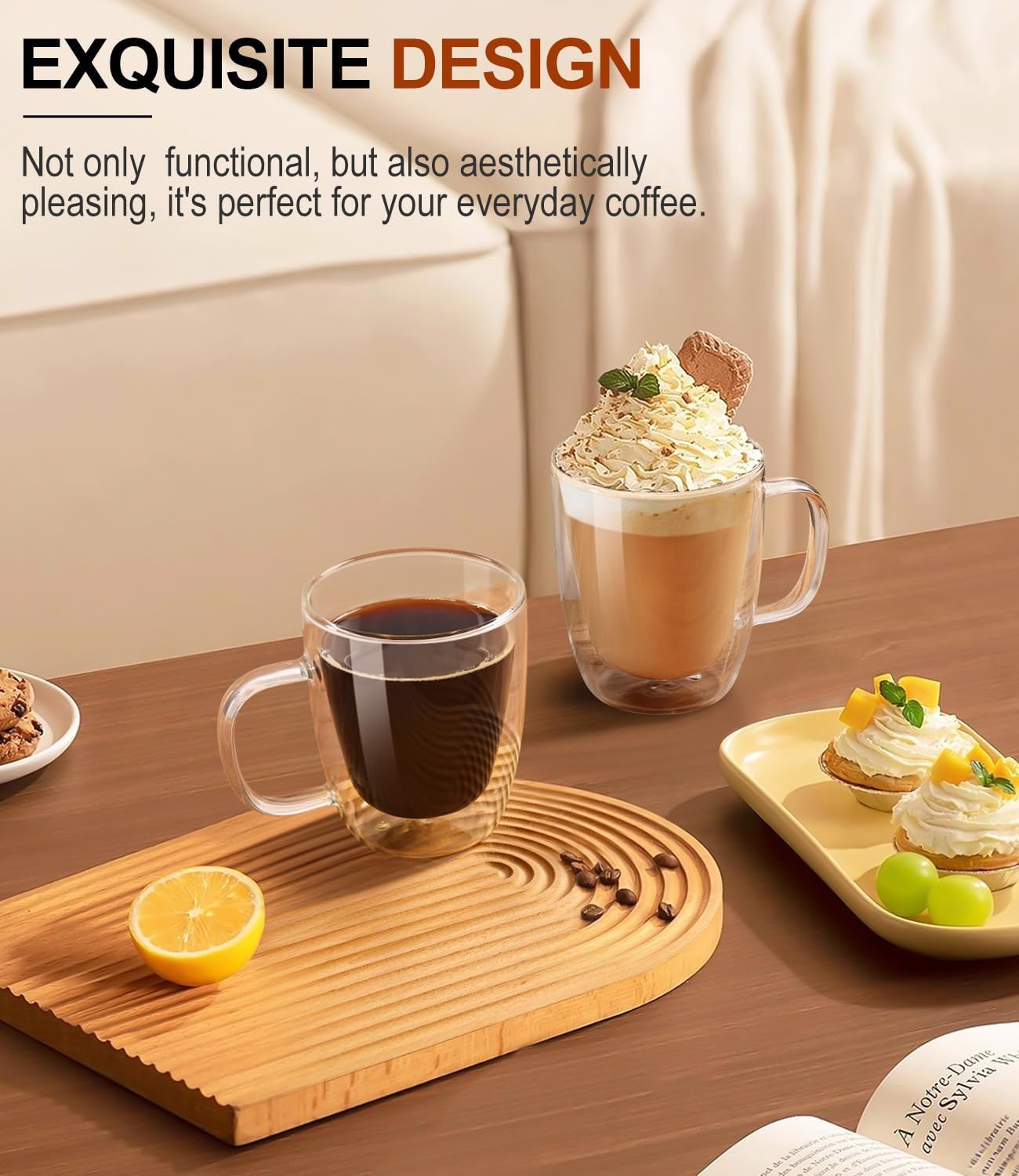 OJA Double Walled Glass Coffee Mugs 12.5oz Hand Blown Clear Coffee Cups Set of 4, Heat Resistant for Cappuccino, Tea, Latte, Espresso, Americano Insulated Borosilicate Glass with Handle