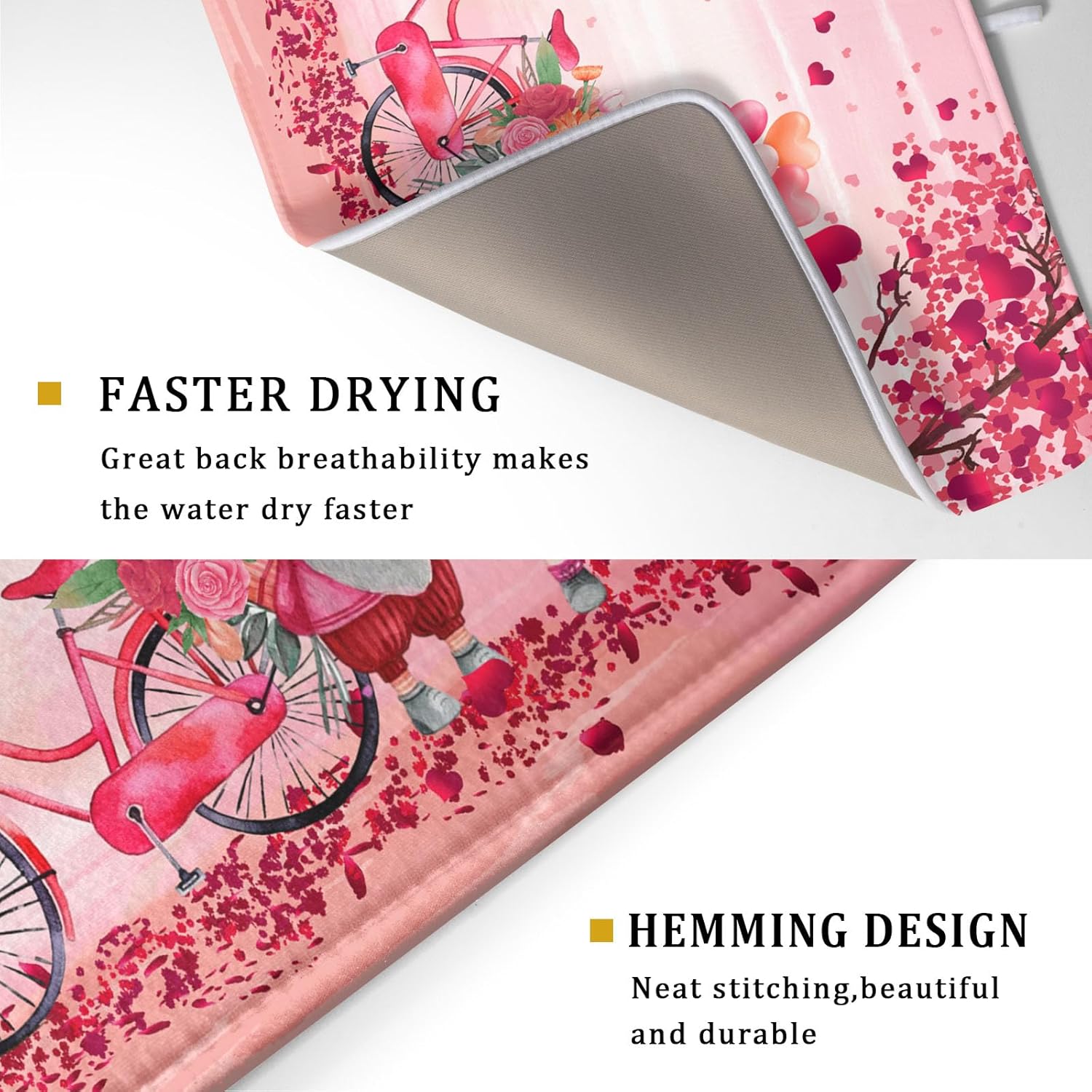 Pink Heart Valentine's Day Gnomes Dish Drying Mat for Kitchen Counter,Pink Bicycle Love Tree Drying Mat 18 x 24 Inch with Absorbent Reversible Microfiber Dish Drying Pad Dish Rack Pad for Coffee Bar