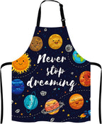 Never Stop Dreaming, motivational Quote, Outer Space Apron, Cute Planets and Star Cluster Solar System Moon and Comets Sun Cosmos
