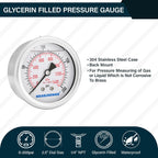 MEASUREMAN 2-1/2inch Dial Size, Glycerin Filled Pressure Gauge, 0-200psi/kpa, 304 Stainless Steel Case, 1/4inchNPT Center Back Mount
