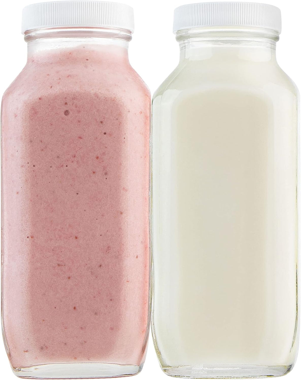 16oz Square Glass Milk Bottles with Plastic Airtight Lids -Vintage Reusable Dairy Drinking Jars Containers for Milk, Yogurt, Smoothies, Juice, Kefir, & Water -2 Pack 16 oz Glass Bottles with Lids