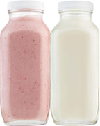 16oz Square Glass Milk Bottles with Plastic Airtight Lids -Vintage Reusable Dairy Drinking Jars Containers for Milk, Yogurt, Smoothies, Juice, Kefir, & Water -2 Pack 16 oz Glass Bottles with Lids