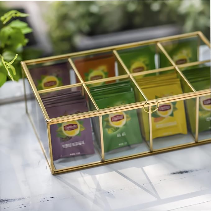 NCYP Glass Tea Bags Organizer with Lid, 8 Compartments Teabag Container, Indoor Counter Top Brass Display Case, 12" x 7.1" x 3.7" Teabag Storage Box, Gold Decor (Glass Box Only)